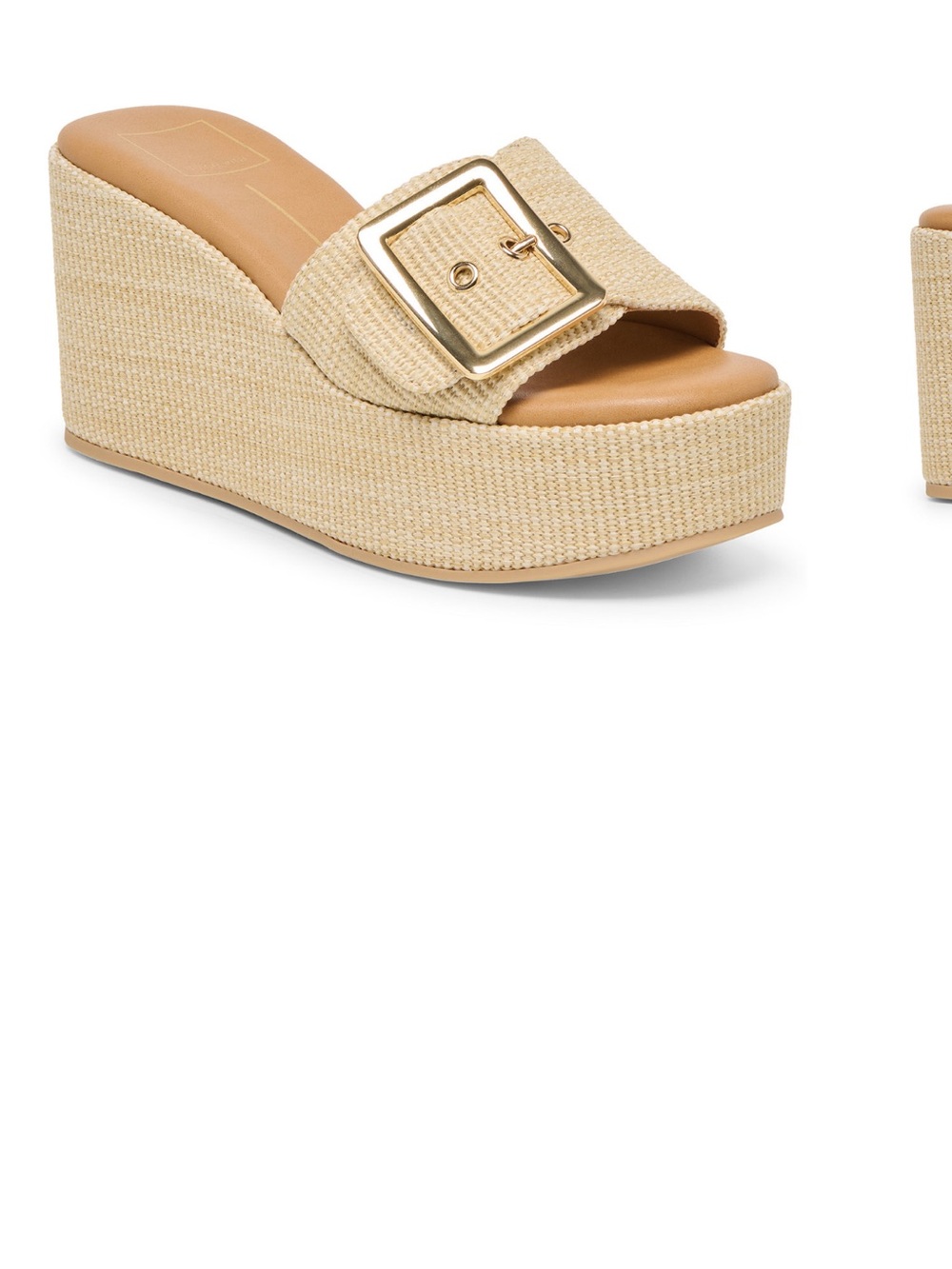 Dolce Vita Beige Woven Platform Wedge Slide with Gold Buckle